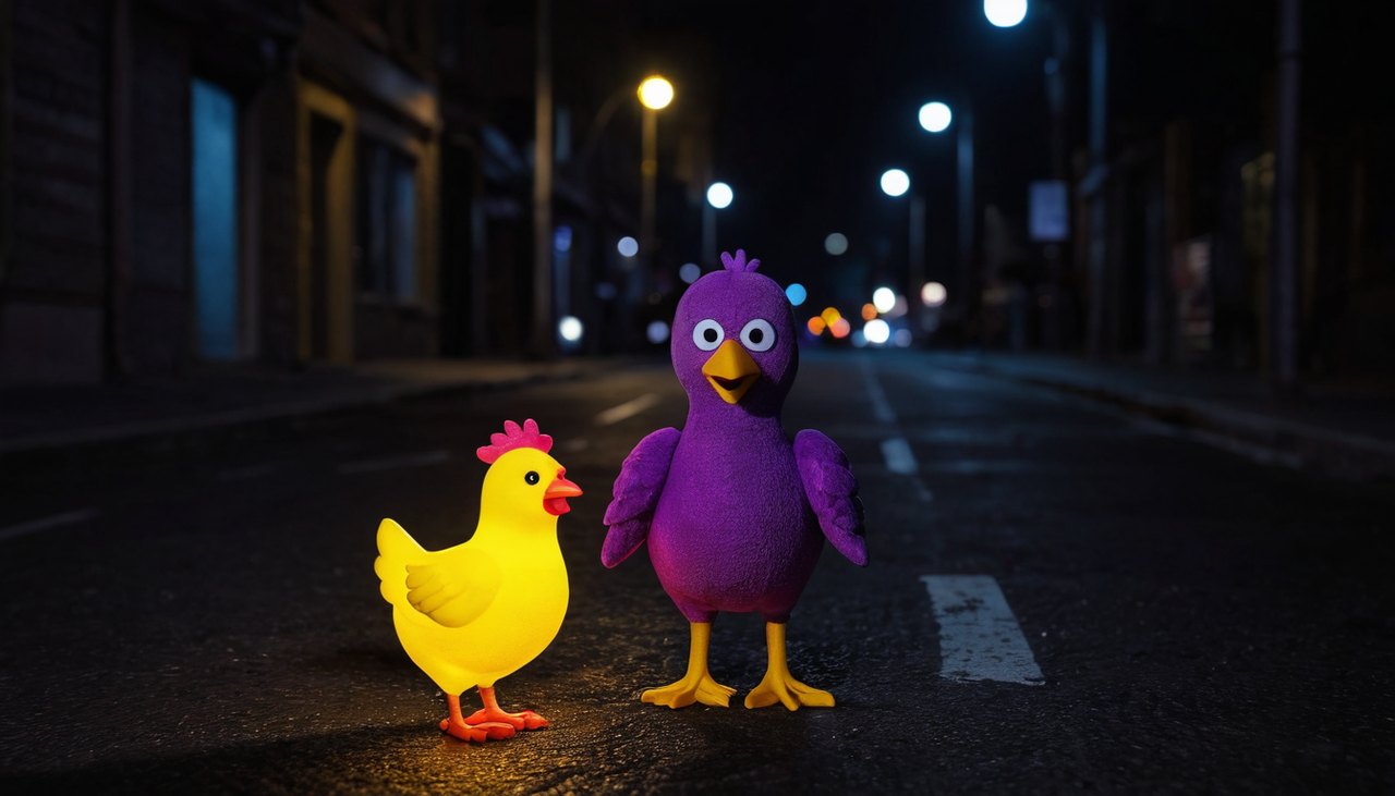 雞衝馬路 Chicken Crash 預測迷思示意圖：畫面車流是動畫佈景、不是路況，被撞與否由量子亂數在踏出瞬間決定