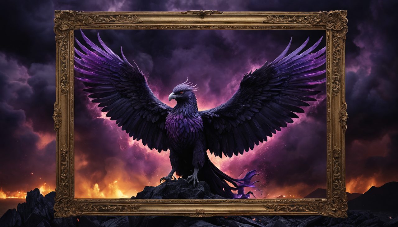 魔化-黑鳳凰抽卡遊戲風格示意圖:黑紫烈焰中的黑鳳凰與金色畫框