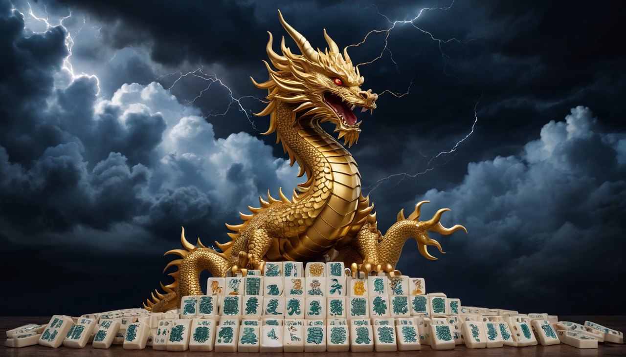 麻將傳奇老虎機主題示意圖:金龍盤繞麻將牌