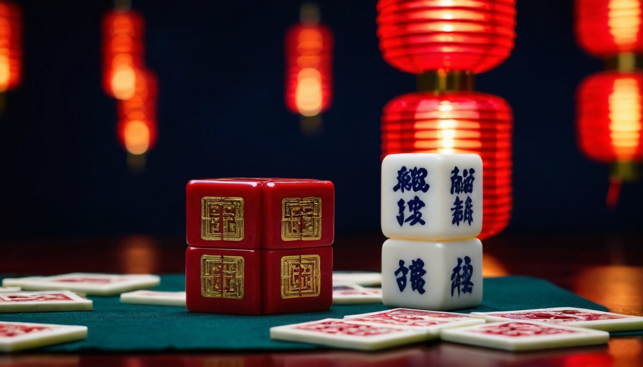 麻將來了老虎機主題示意圖:麻將牌與紅金牌桌